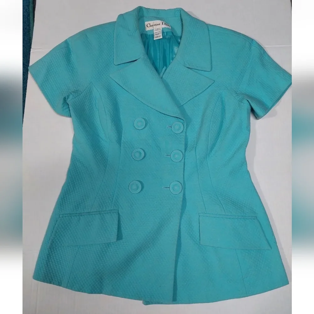 Vintage Christian Dior Teal Double Breasted Blazer Jacket Short Sleeve Women’s 8